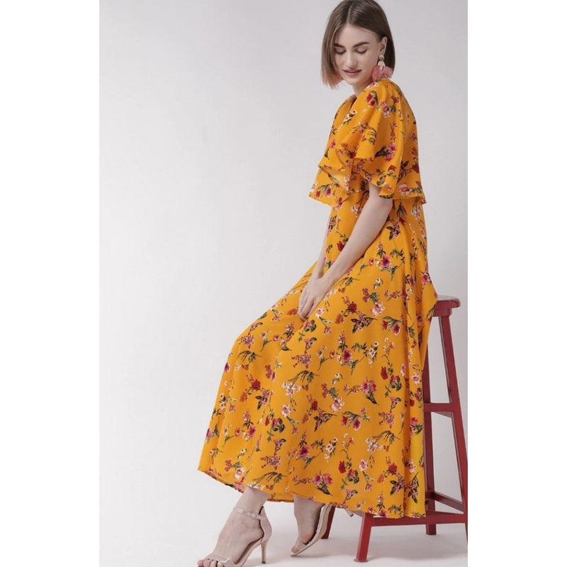 Mayawye Women's Crepe Floral Half Sleeves Full Length Gown(Yellow)