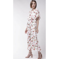 Mayawye Women's Crepe Floral Half Sleeves Full Length Gown(White)