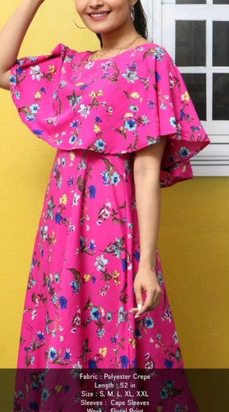 Mayawye Women's Crepe Floral Half Sleeves Full Length Gown(Pink)