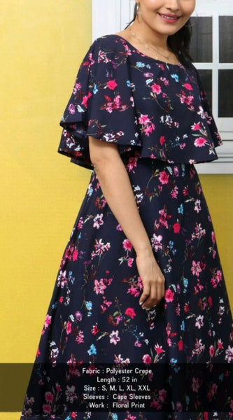 Mayawye Women's Crepe Floral Half Sleeves Full Length Gown(Dark Blue)