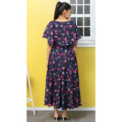 Mayawye Women's Crepe Floral Half Sleeves Full Length Gown(Dark Blue)