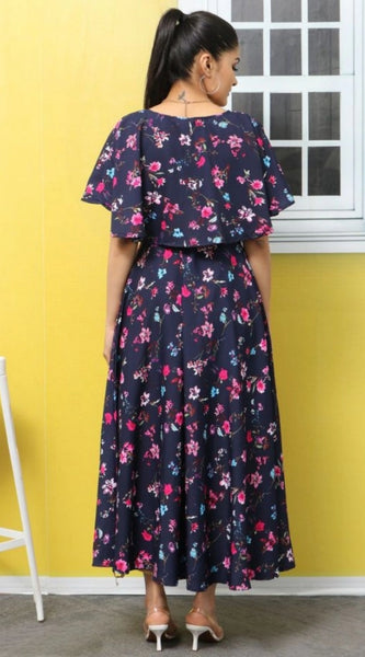 Mayawye Women's Crepe Floral Half Sleeves Full Length Gown(Dark Blue)