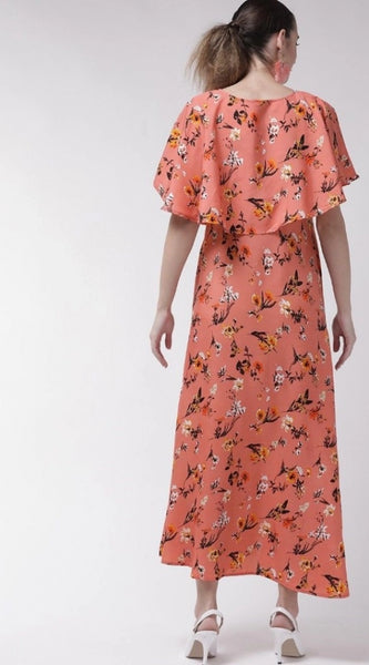 Mayawye Women's Crepe Floral Half Sleeves Full Length Gown(Orange)