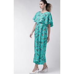 Mayawye Women's Crepe Floral Half Sleeves Full Length Gown(Turquoise)