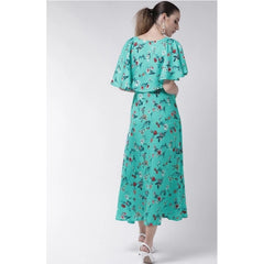 Mayawye Women's Crepe Floral Half Sleeves Full Length Gown(Turquoise)