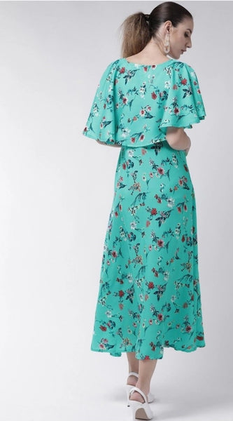 Mayawye Women's Crepe Floral Half Sleeves Full Length Gown(Turquoise)