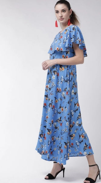 Mayawye Women's Crepe Floral Half Sleeves Full Length Gown(Blue)
