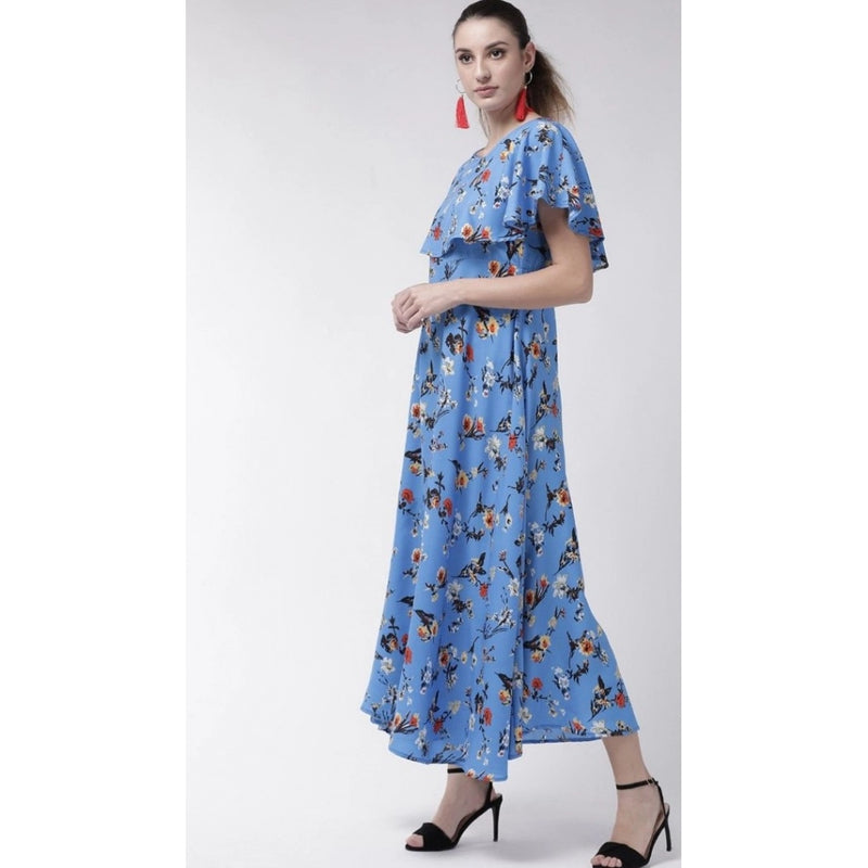 Mayawye Women's Crepe Floral Half Sleeves Full Length Gown(Blue)