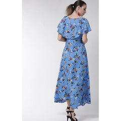 Mayawye Women's Crepe Floral Half Sleeves Full Length Gown(Blue)