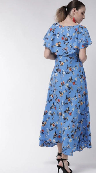 Mayawye Women's Crepe Floral Half Sleeves Full Length Gown(Blue)