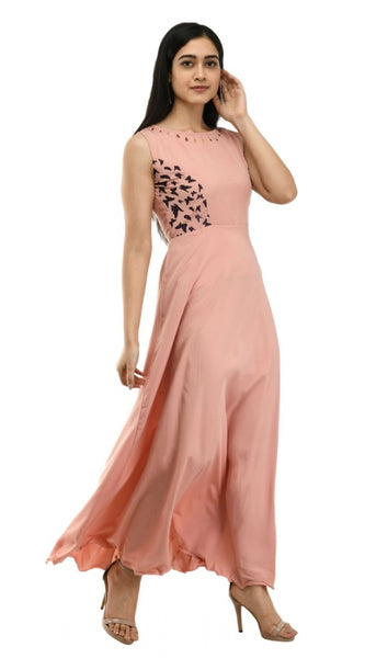 Mayawye Women's Crepe Solid Sleeveless Full Length Gown(Light Peach)