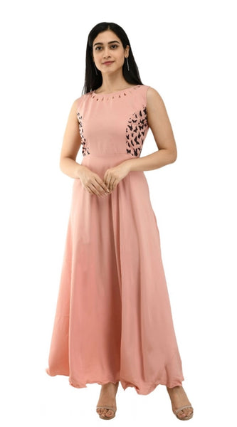 Mayawye Women's Crepe Solid Sleeveless Full Length Gown(Light Peach)