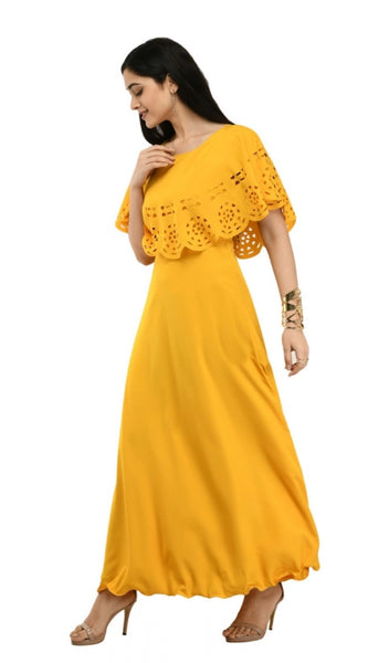 Mayawye Women's Crepe Solid Sleeveless Full Length Gown(Yellow)
