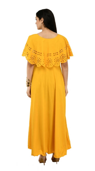 Mayawye Women's Crepe Solid Sleeveless Full Length Gown(Yellow)
