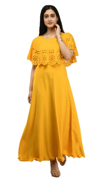 Mayawye Women's Crepe Solid Sleeveless Full Length Gown(Yellow)