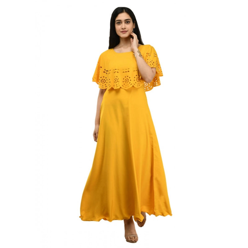 Mayawye Women's Crepe Solid Sleeveless Full Length Gown(Yellow)