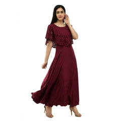 Mayawye Women's Crepe Solid Sleeveless Full Length Gown(Wine)