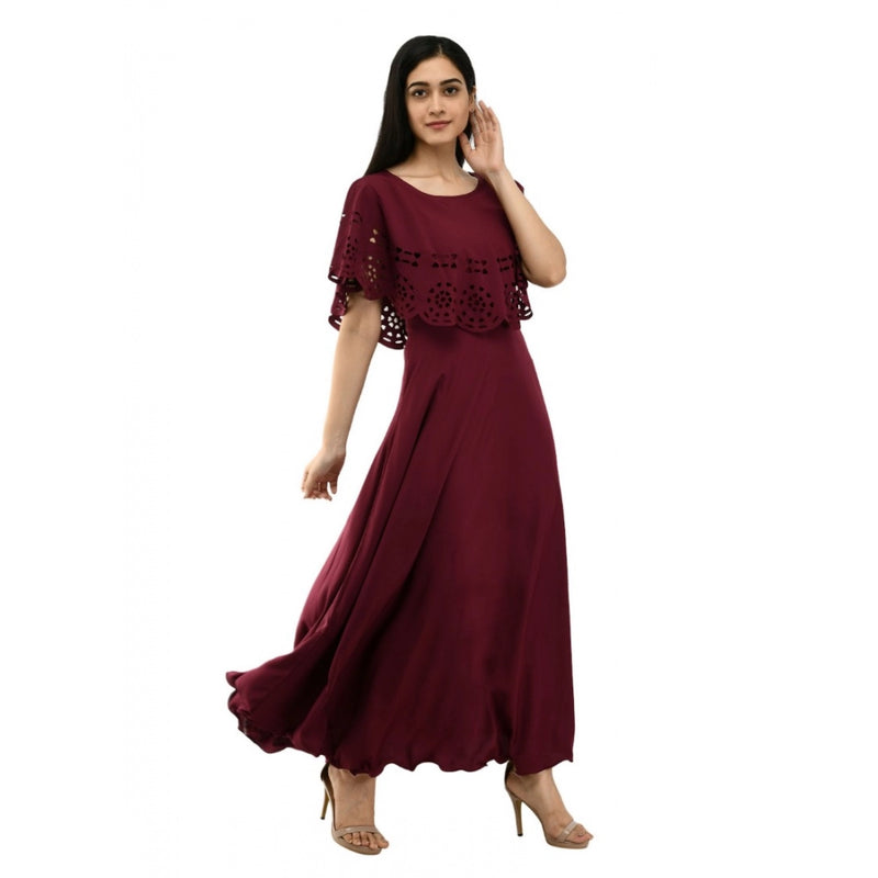 Mayawye Women's Crepe Solid Sleeveless Full Length Gown(Wine)