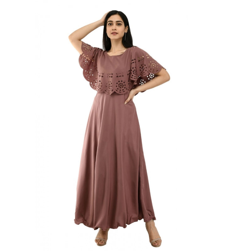 Mayawye Women's Crepe Solid Sleeveless Full Length Gown(Brown)