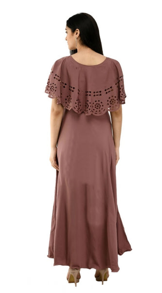 Mayawye Women's Crepe Solid Sleeveless Full Length Gown(Brown)