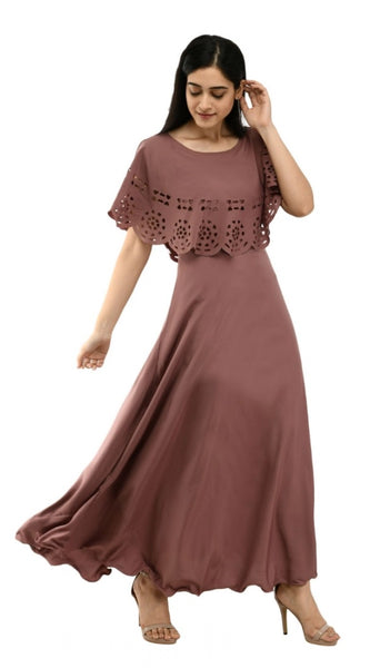 Mayawye Women's Crepe Solid Sleeveless Full Length Gown(Brown)