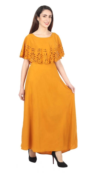 Mayawye Women's Crepe Solid Sleeveless Full Length Gown(Yellow)