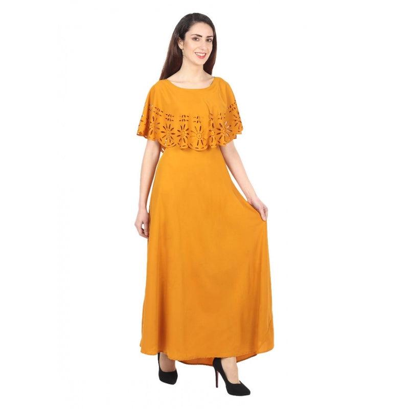 Mayawye Women's Crepe Solid Sleeveless Full Length Gown(Yellow)