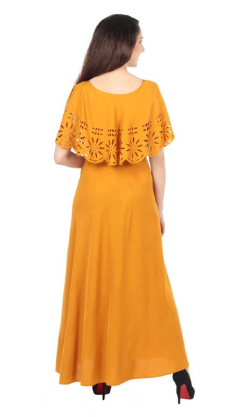 Mayawye Women's Crepe Solid Sleeveless Full Length Gown(Yellow)