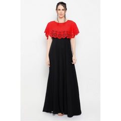 Mayawye Women's Crepe Solid Sleeveless Full Length Gown(Red Black)