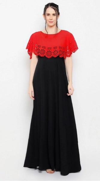 Mayawye Women's Crepe Solid Sleeveless Full Length Gown(Red Black)