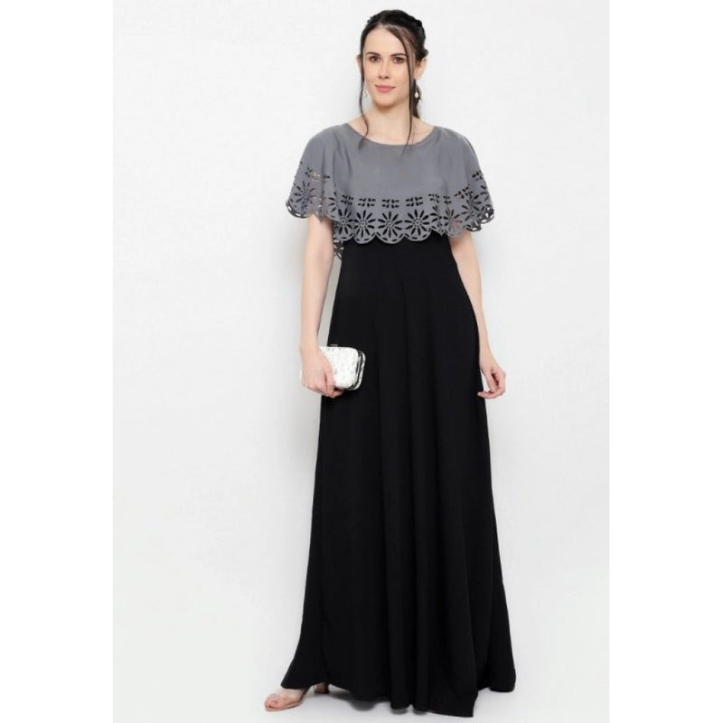Mayawye Women's Crepe Solid Sleeveless Full Length Gown(Grey Black)