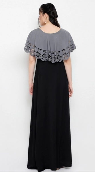 Mayawye Women's Crepe Solid Sleeveless Full Length Gown(Grey Black)