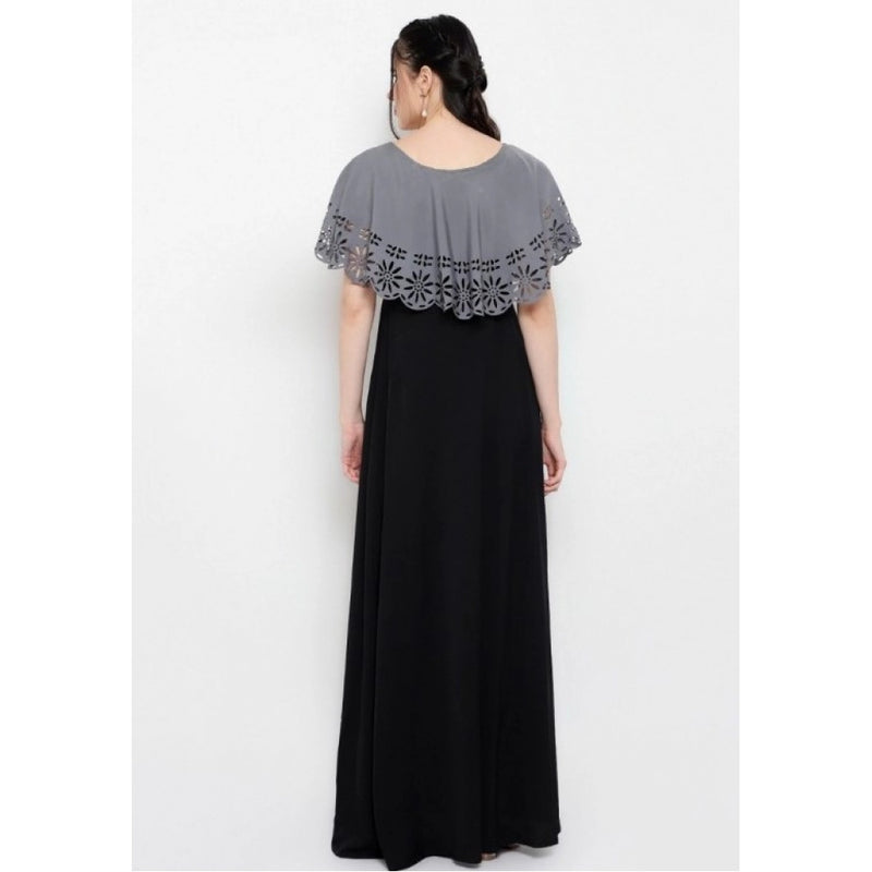 Mayawye Women's Crepe Solid Sleeveless Full Length Gown(Grey Black)