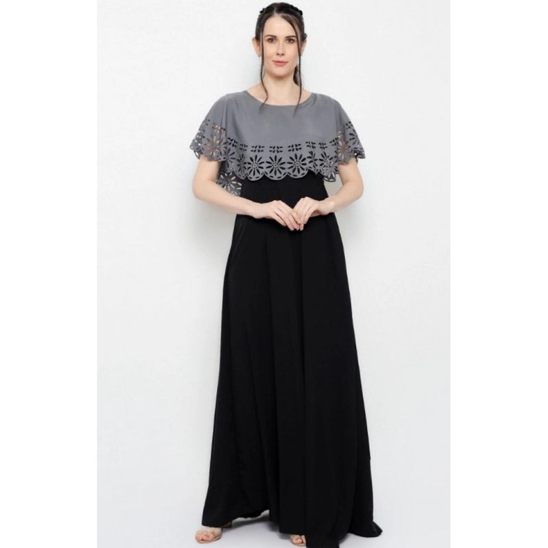 Mayawye Women's Crepe Solid Sleeveless Full Length Gown(Grey Black)