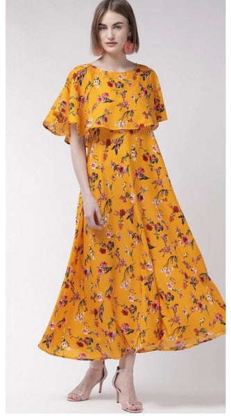 Mayawye Women's Crepe Floral Half Sleeves Full Length Gown(Yellow)
