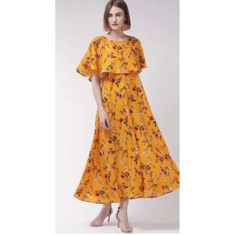 Mayawye Women's Crepe Floral Half Sleeves Full Length Gown(Yellow)