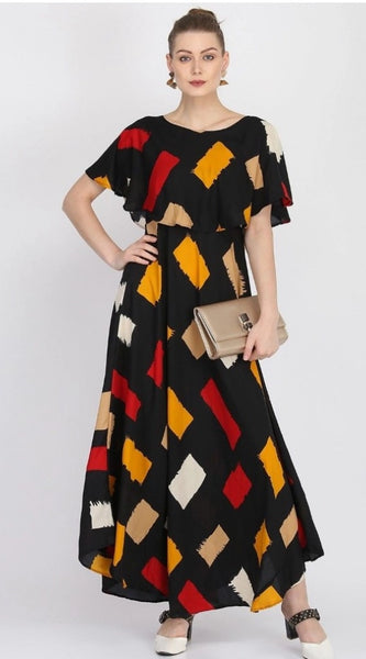 Mayawye Women's Crepe Printed Half Sleeves Full Length Gown(Multi)