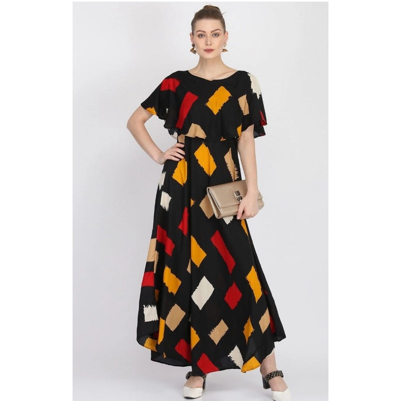 Mayawye Women's Crepe Printed Half Sleeves Full Length Gown(Multi)