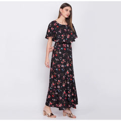 Mayawye Women's Crepe Floral Half Sleeves Full Length Gown(Black)