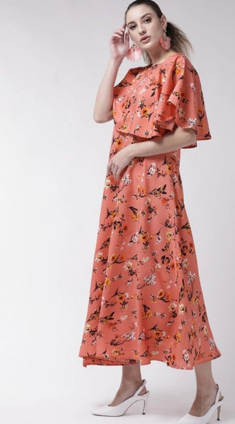 Mayawye Women's Crepe Floral Half Sleeves Full Length Gown(Orange)