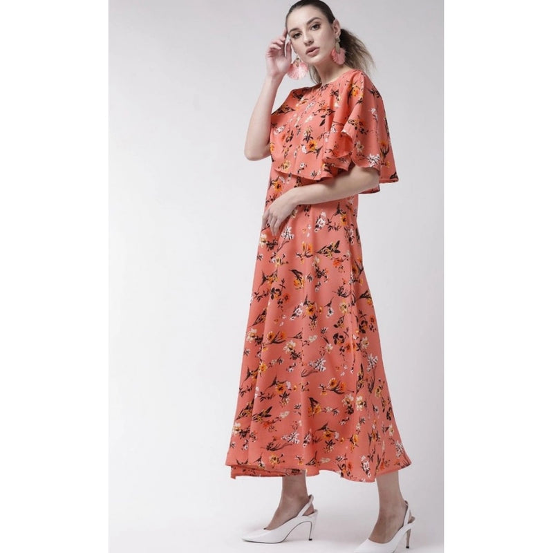 Mayawye Women's Crepe Floral Half Sleeves Full Length Gown(Orange)
