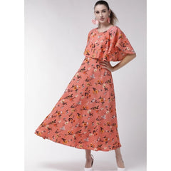 Mayawye Women's Crepe Floral Half Sleeves Full Length Gown(Orange)