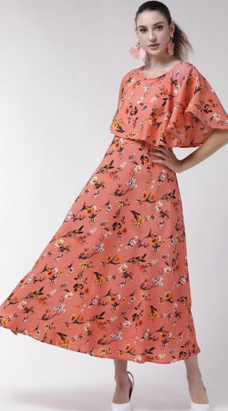 Mayawye Women's Crepe Floral Half Sleeves Full Length Gown(Orange)