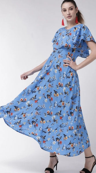 Mayawye Women's Crepe Floral Half Sleeves Full Length Gown(Blue)