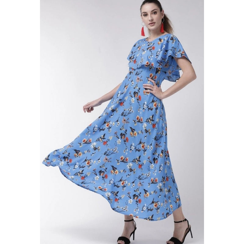 Mayawye Women's Crepe Floral Half Sleeves Full Length Gown(Blue)