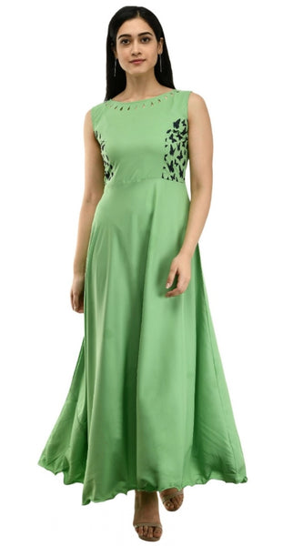 Mayawye Women's Crepe Solid Sleeveless Full Length Gown(Green)