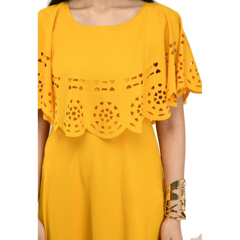 Mayawye Women's Crepe Solid Sleeveless Full Length Gown(Yellow)