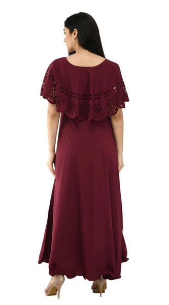 Mayawye Women's Crepe Solid Sleeveless Full Length Gown(Wine)