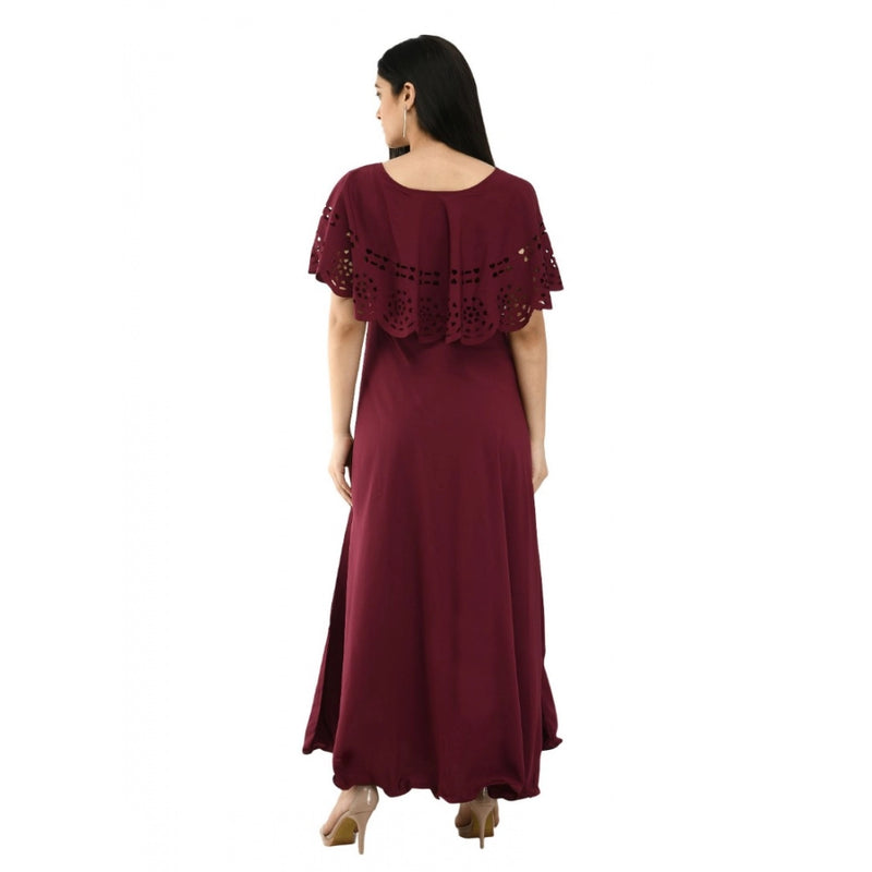 Mayawye Women's Crepe Solid Sleeveless Full Length Gown(Wine)