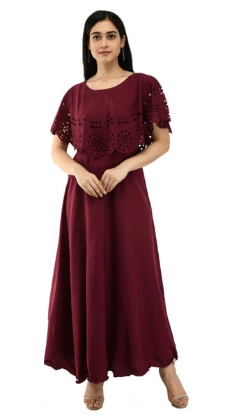 Mayawye Women's Crepe Solid Sleeveless Full Length Gown(Wine)